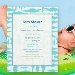 Aqua Alligator Pattern Baby Boy Shower Invitations