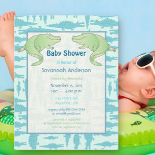 Aqua Alligator Pattern Baby Boy Shower Invitations