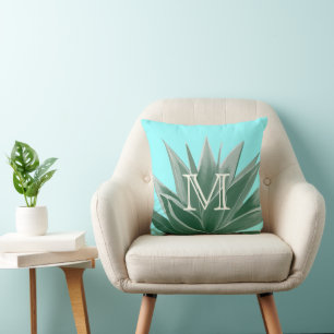 Aqua Aloe Succulent Ivory Monogram Modern Pillow