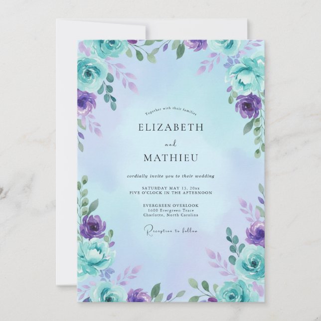Aqua Amethyst Leafy Wedding Invitation (Front)