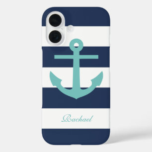 Aqua Anchor on Blue Stripes iPhone 16 Case