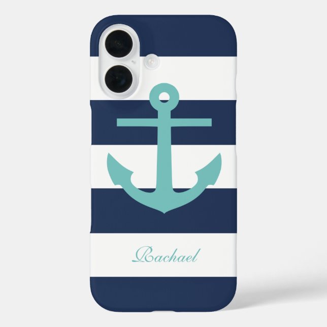Aqua Anchor on Blue Stripes Case-Mate iPhone Case (Back)