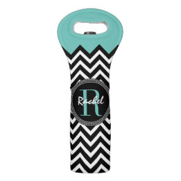 Aqua and Black Chevron Monogrammed Wine Bag