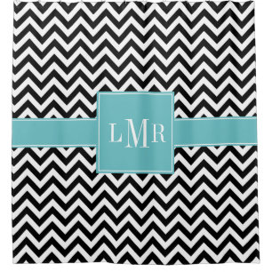 Aqua and Black Chevrons Monogrammed Shower Curtain