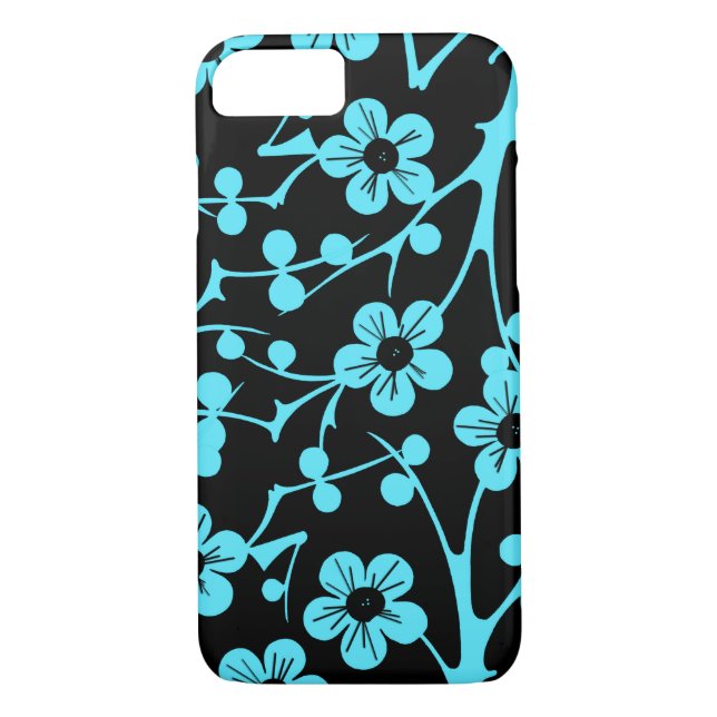 Aqua and Black Contemporary Floral Case-Mate iPhone Case (Back)
