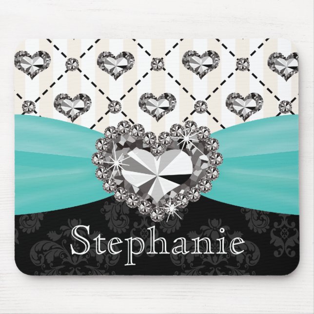 Aqua and Black Damask Diamond Mouse Pad Rhinestone (Front)