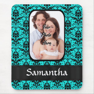 Aqua and black damask mouse mat