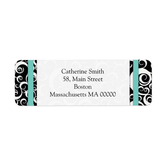 Aqua and Black Damask Swirls Address Labels (Front)