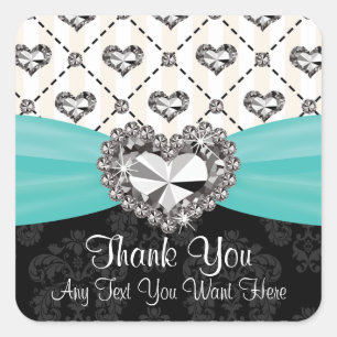 Aqua and Black Diamond Heart Thank You Labels