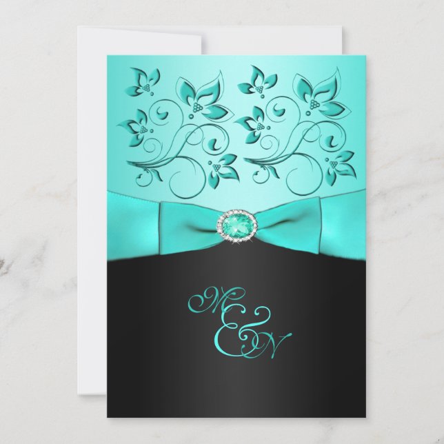 Aqua and Black Floral II Monogram Invitation (Front)