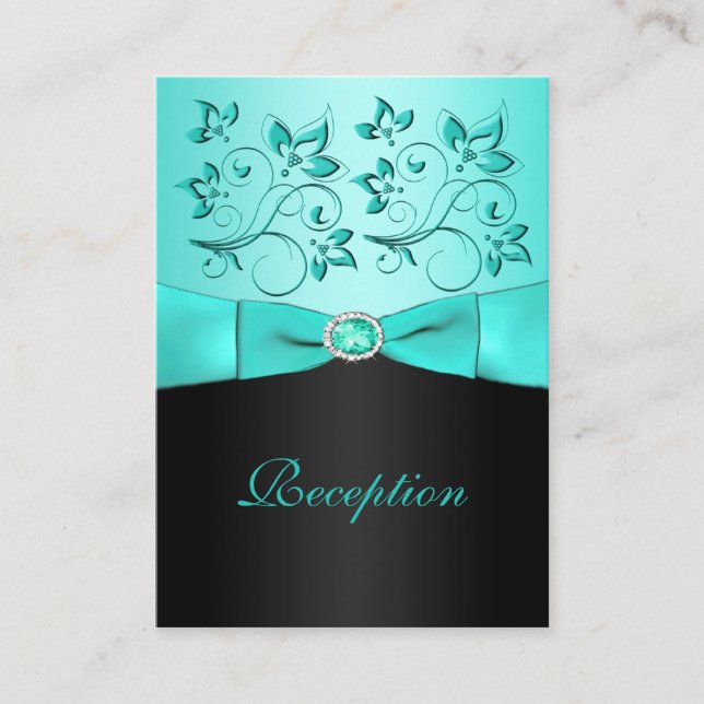 Aqua and Black Floral II Reception Card (Front)