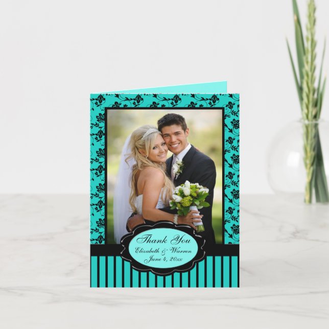 Aqua and Black Floral Photo Thank You Card (Front)