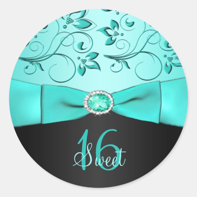 Aqua and Black Floral Sweet Sixteen Sticker (Front)