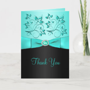Aqua and Black Floral Thank You Card