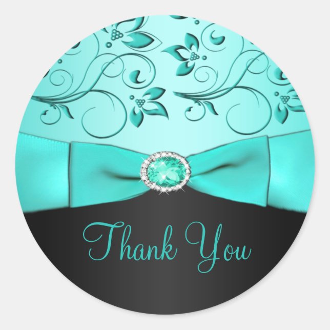 Aqua and Black Floral Thank You Sticker (Front)