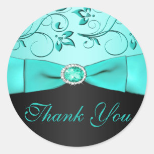 Aqua and Black Floral Thank You Wedding Sticker