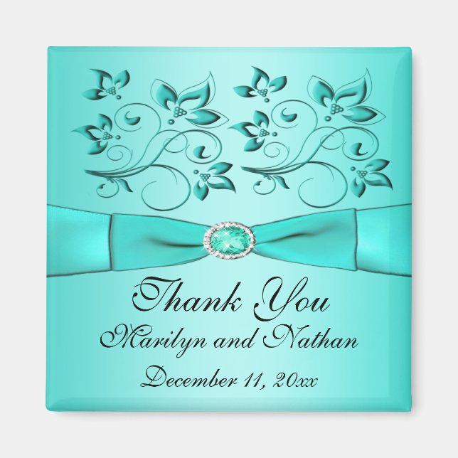 Aqua and Black Floral Wedding Favour Magnet (Front)