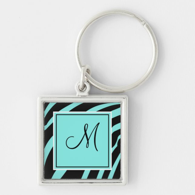 Aqua and Black Monogram Zebra Print Keychain (Front)