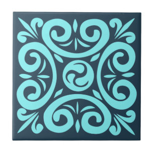 Aqua and Black on Blue Intricate Floral pattern Tile