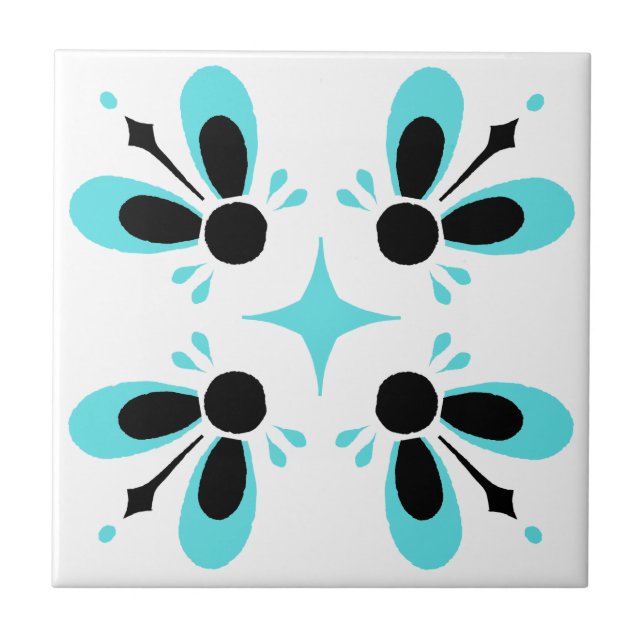 Aqua and Black on White Intricate Floral pattern Tile (Front)