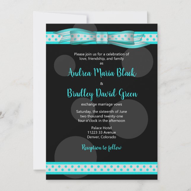 Aqua and Black Polka Dot Ribbon Wedding Invitation (Front)