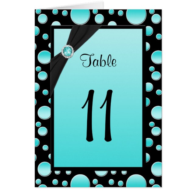 Aqua and Black Polka Dot Table Number Card (Front)