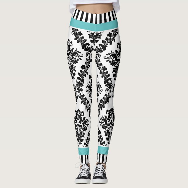 Aqua and black white damask pattern & stripes leggings (Front)