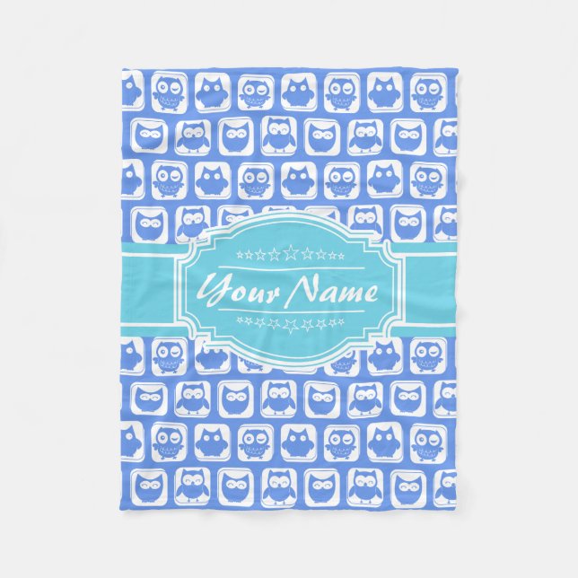 Aqua and Blue Owl Grey Personalised Name Fleece Blanket (Front)