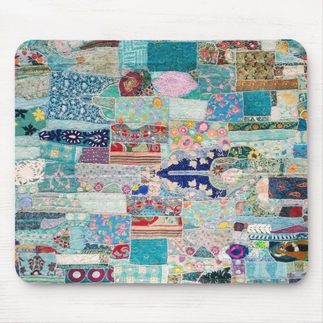 Aqua and Blue Quilt Tapestry Design Mouse Mat (Front)