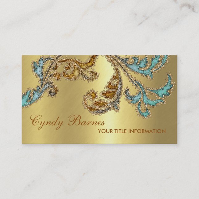 Aqua and Bronze Glittery Damask Design Business Card (Front)