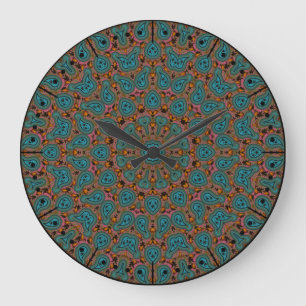 Aqua and Brown Boho Paisley Kaleidoscope Large Clock