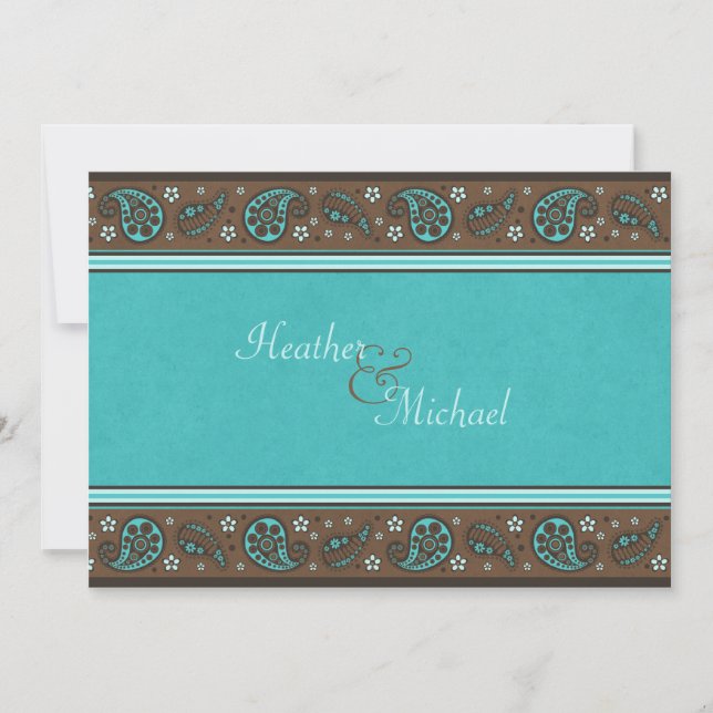 Aqua and Brown Paisley Wedding Invitation (Front)
