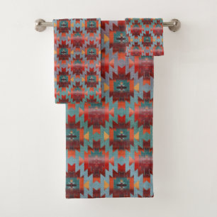 Aqua and Burgundy   Southwestern Style Bath Towel Set