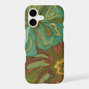 Aqua and Burnt Orange Flowers on Green Background