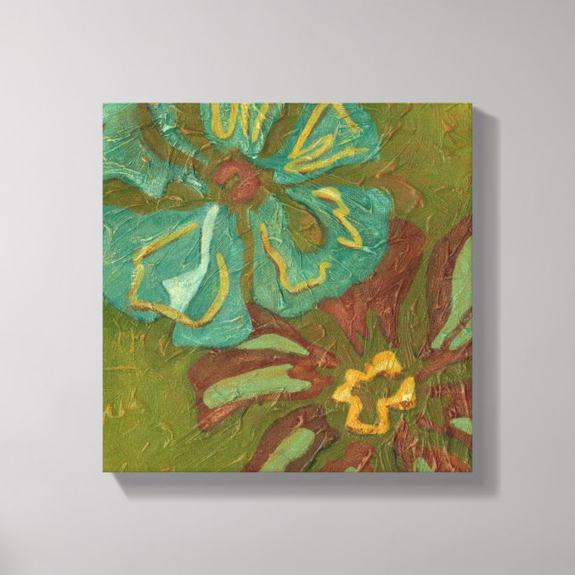 Aqua and Burnt Orange Flowers on Green Background Canvas Print (Front)