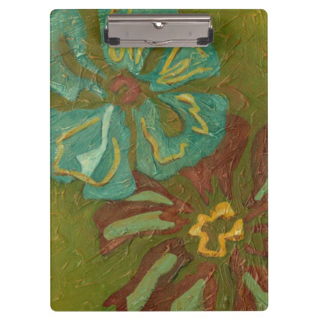Aqua and Burnt Orange Flowers on Green Background Clipboard (Front)