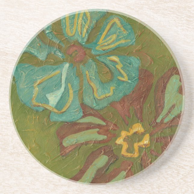Aqua and Burnt Orange Flowers on Green Background Coaster (Front)