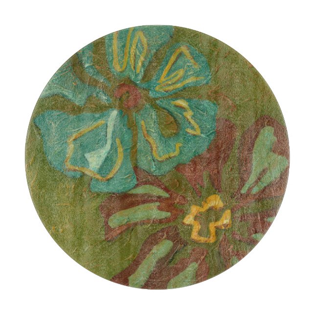 Aqua and Burnt Orange Flowers on Green Background Cutting Board (Front)