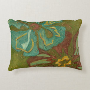 Aqua and Burnt Orange Flowers on Green Background Decorative Cushion