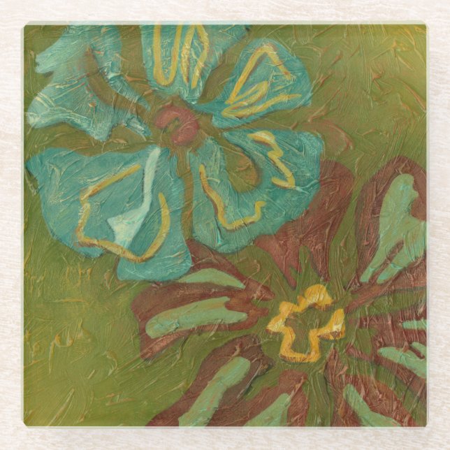 Aqua and Burnt Orange Flowers on Green Background Glass Coaster (Front)