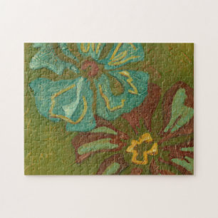 Aqua and Burnt Orange Flowers on Green Background Jigsaw Puzzle