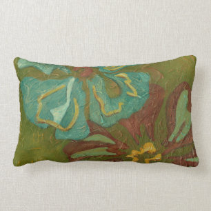 Aqua and Burnt Orange Flowers on Green Background Lumbar Cushion