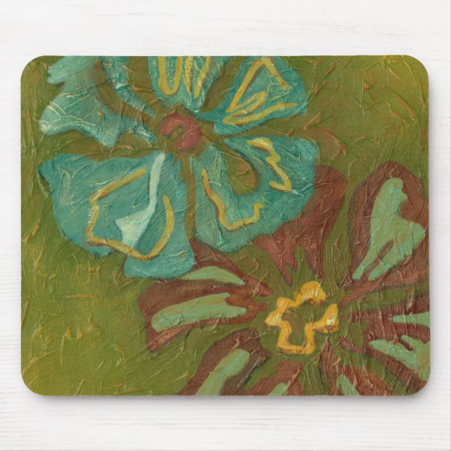 Aqua and Burnt Orange Flowers on Green Background Mouse Mat (Front)
