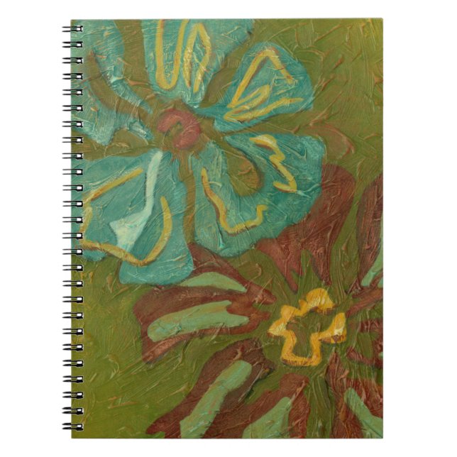 Aqua and Burnt Orange Flowers on Green Background Notebook (Front)