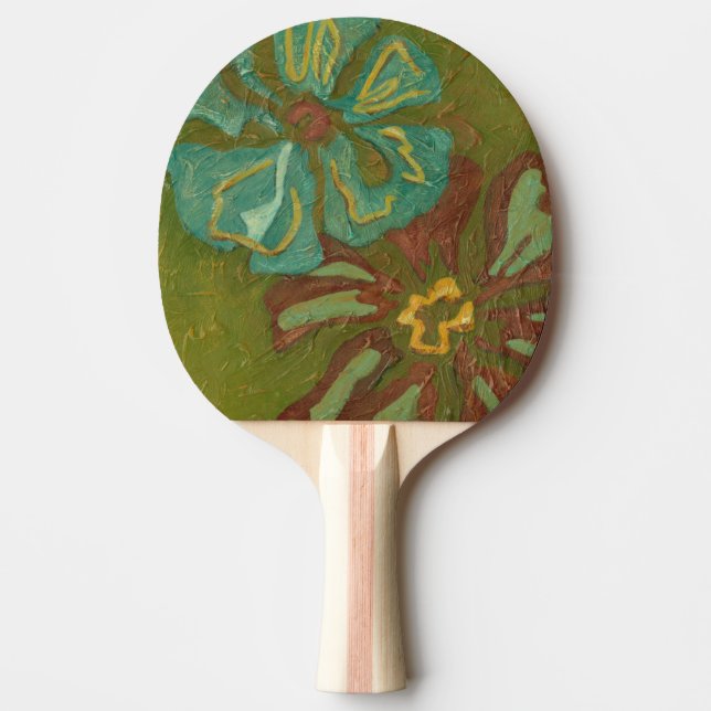 Aqua and Burnt Orange Flowers on Green Background Ping Pong Paddle (Front)
