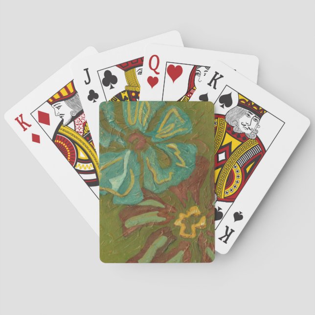 Aqua and Burnt Orange Flowers on Green Background Playing Cards (Back)