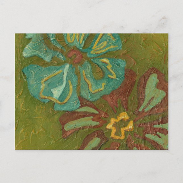 Aqua and Burnt Orange Flowers on Green Background Postcard (Front)