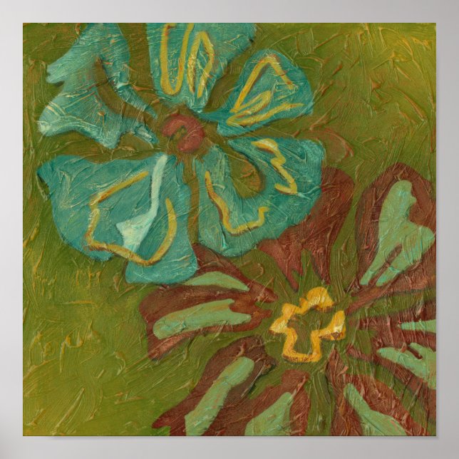 Aqua and Burnt Orange Flowers on Green Background Poster (Front)