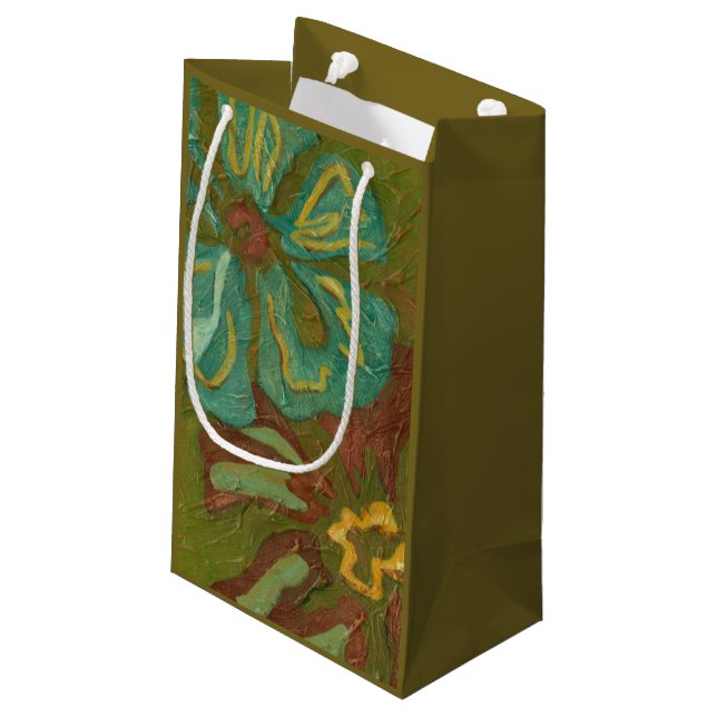 Aqua and Burnt Orange Flowers on Green Background Small Gift Bag (Back Angled)