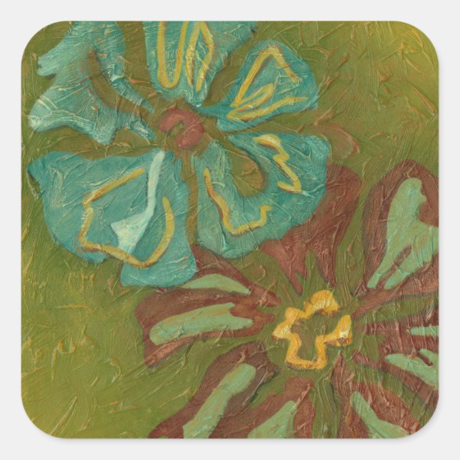 Aqua and Burnt Orange Flowers on Green Background Square Sticker (Front)